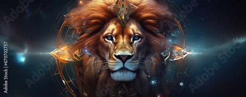 Zodiac sign of leo lion head fantasy lights dark, panorama horoscope. Generative Ai.