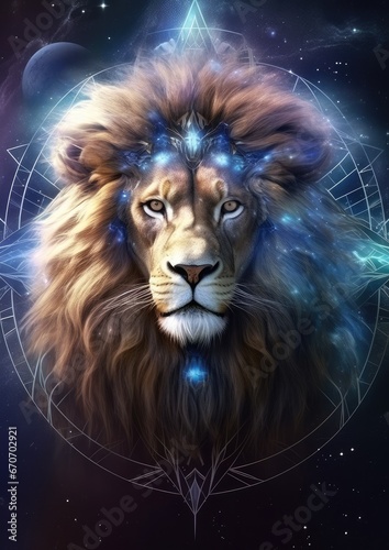 Zodiac sign of leo lion head fantasy lights dark horoscope. Generative Ai. © annamaria