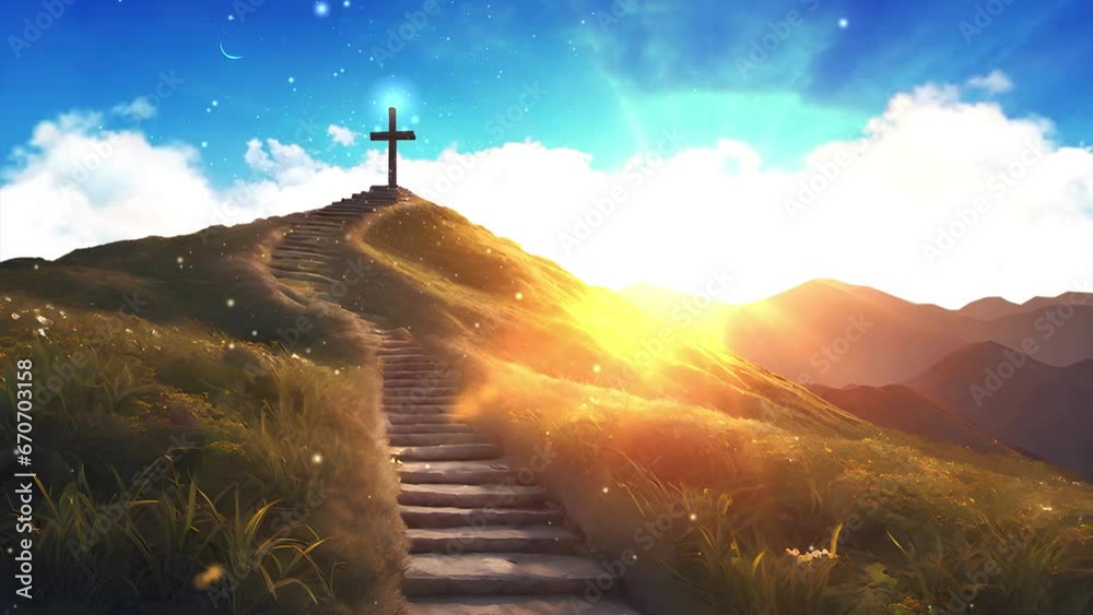 Path of Stairs leading to a Christian Cross on top of a Hill. Christian Religion Symbol Concept Animated Background -Seamless Loop