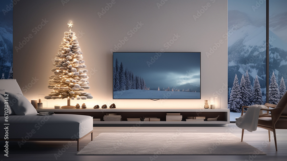 Fototapeta premium Christmas in Modern house interior inspired by minimalism. TV and Christmas Tree.