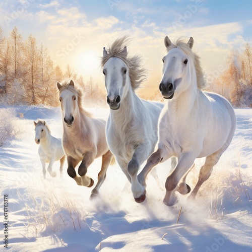 four white horse in winter