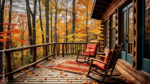 Cabin nestled in the woods  surrounded by the vibrant colors of autumn  offering a tranquil retreat