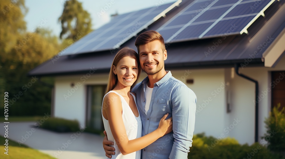 A happy couple stands smiling in the driveway of a large house with solar panels installed. Real estate new home concept 