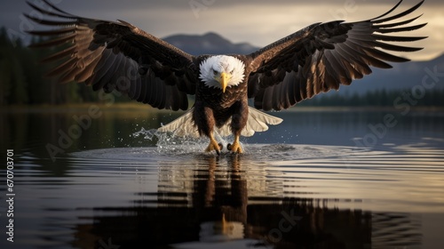 a eagle in flight , its reflection on the water surface creating a perfect symmetry