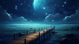  a wooden dock in the middle of a body of water under a night sky with stars and a full moon.  generative ai