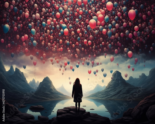 Field of floating balloons releasing memories. Surreal, dreamlike art style
