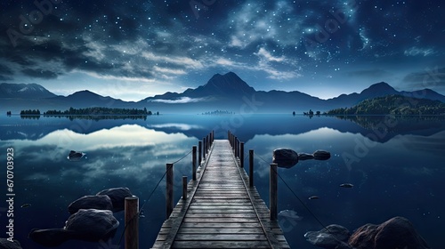  a wooden dock in the middle of a body of water under a night sky filled with stars and the moon.  generative ai