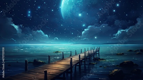  a wooden dock in the middle of a body of water under a night sky with stars and a full moon.  generative ai