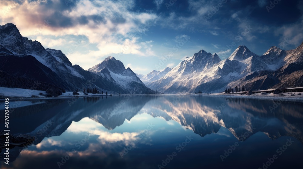  the mountains are reflected in the still water of the lake as the sun sets on the mountains in the distance.  generative ai