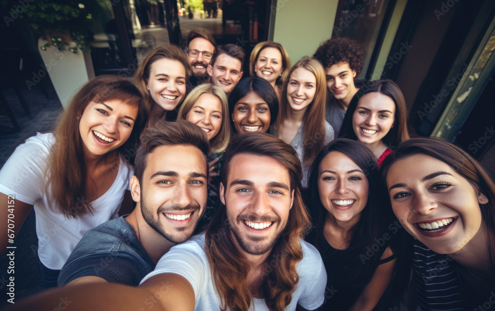 Obraz premium Group of cheerful happy young friends taking selfie portrait looking at the camera smiling