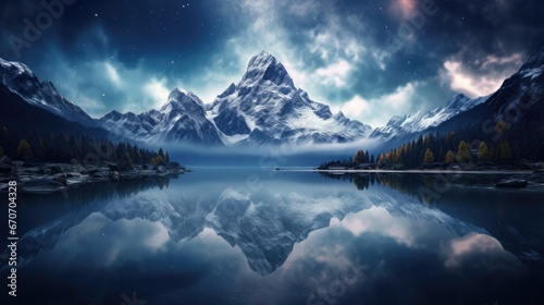  a mountain range is reflected in the still water of a lake under a night sky filled with stars and clouds. generative ai