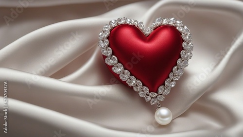 Wallpaper Mural heart on a silk A red silk heart with a white pearl necklace on a white background. The heart is rich and luxurious, with diamonds Torontodigital.ca