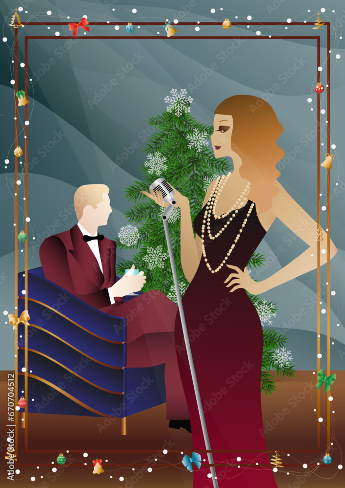 Φωτογραφία A beautiful young woman in a vintage dress with a retro microphone at the Christmas tree