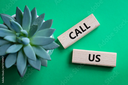Call Us symbol. Wooden blocks with words Call Us. Beautiful green background with succulent plant. Business and Call Us concept. Copy space.