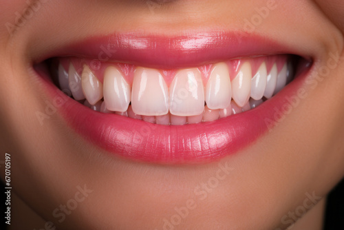 Woman's smile with white teeth and pink gums.