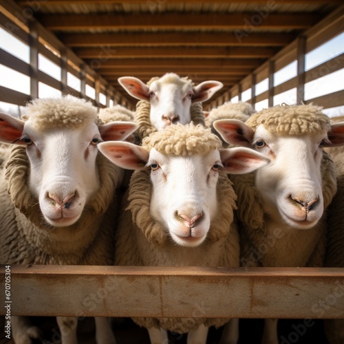 four sheeps together in a pen waiting