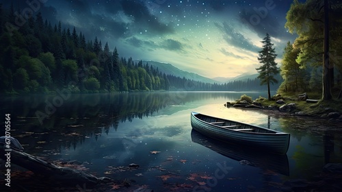  a painting of a boat on a lake at night with a full moon and stars in the sky above it.  generative ai