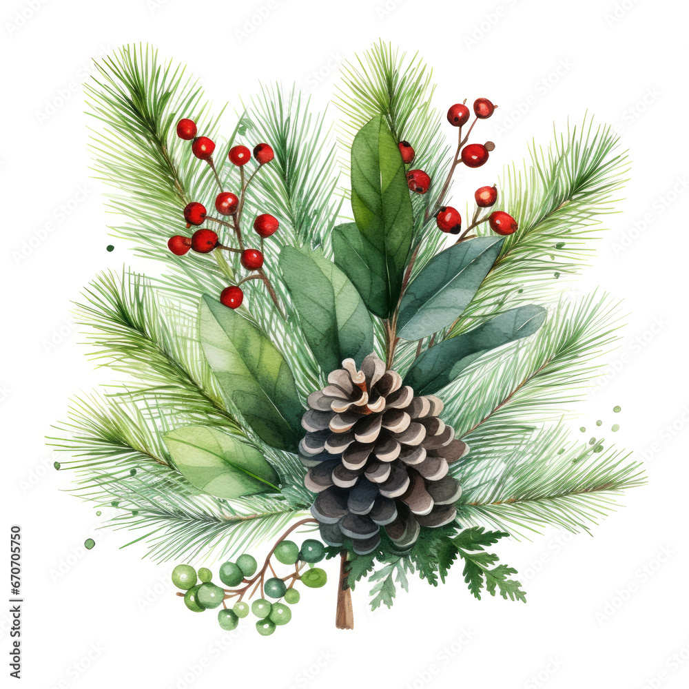 Fototapeta premium Gentle watercolor pinecone red berry and evergreen tree twig on white backdrop. Winter holiday celebration