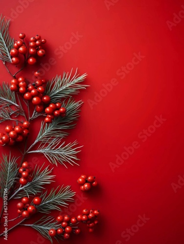 New Year's and Christmas composition. Christmas tree branches with berries on a red background. Flat lay, top view holiday concept, AI generator