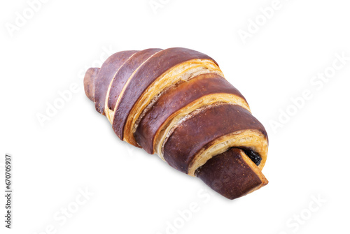 Croissants with chocolate crust and chocolate filling on a white isolated background