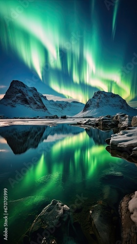 the Northern Lights reflected in a frozen lake, creating an ethereal landscape that seems out of this world