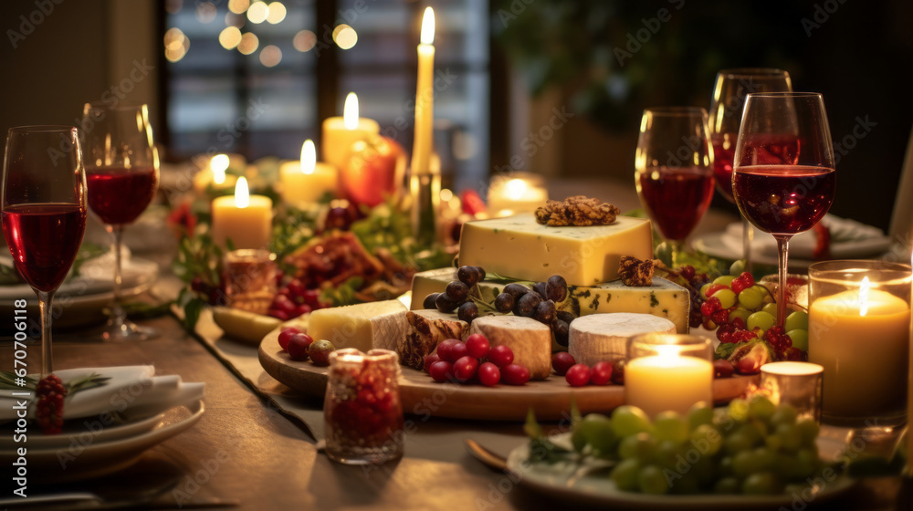 Bountiful Thanksgiving dinner spread on a festive table, adorned with candles and seasonal decor.