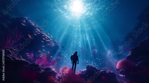 a scuba diver in a deep blue sea with a light shining through the water's corals and corals photo