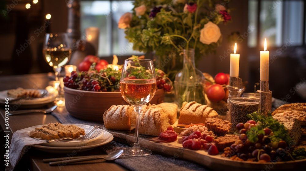 Bountiful Thanksgiving dinner spread on a festive table, adorned with candles and seasonal decor.