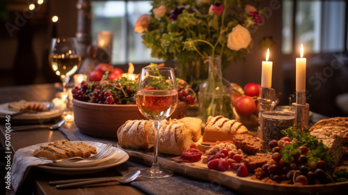 Bountiful Thanksgiving dinner spread on a festive table, adorned with candles and seasonal decor.