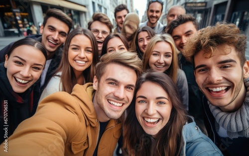 Group of cheerful happy young friends taking selfie portrait looking at the camera smiling