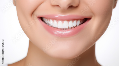 Close-up of healthy white teeth of a smiling woman. Dental care concepts