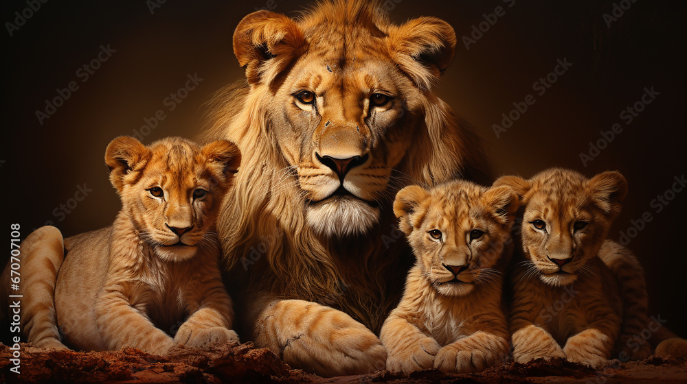 família de leões com filhotes 