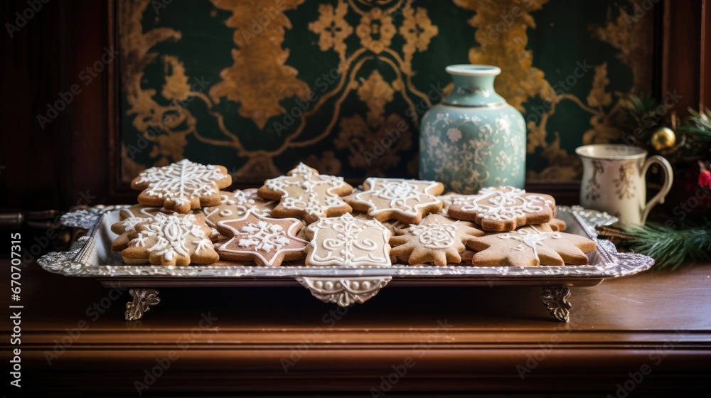 Φωτογραφία a tray of cookies sitting on top of a table next to a vase of flowers and a vase of greenery