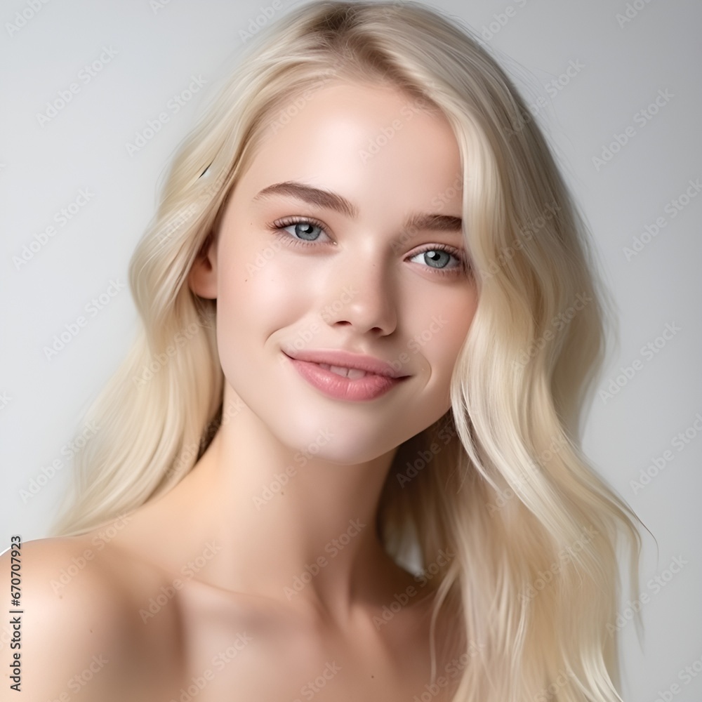 Portrait of young happy woman looks in camera. Skin care beauty, skincare cosmetics, dental concept isolated over white background, photo Portrait of young happy woman looks in camera. Skin care beauty, skincare cosmetics, dental concept isolated over white background, photo