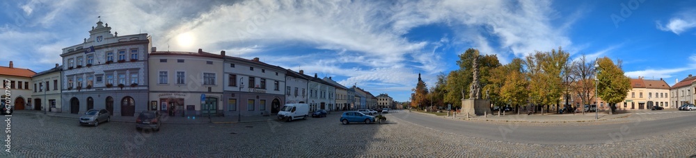 Polna historical city center of Bohemian town with square,column and cathedral and Polna castle,panorama landscape view,Czech republic,Europe