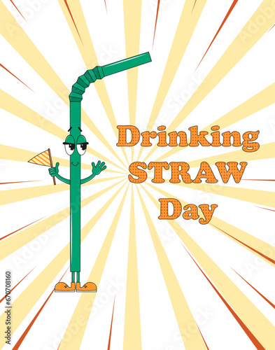 Drinking straw day concept banner. Groovy hippie drink straw. Vector graphic