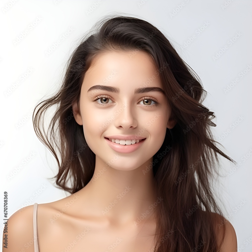 Portrait of young happy woman looks in camera. Skin care beauty, skincare cosmetics, dental concept isolated over white background, photo Portrait of young happy woman looks in camera. Skin care beauty, skincare cosmetics, dental concept isolated over white background, photo