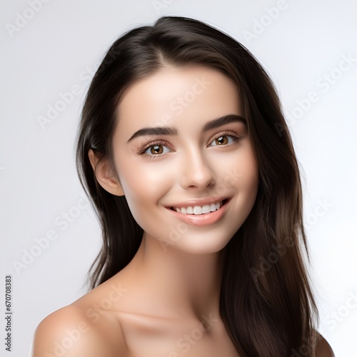 Portrait of young happy woman looks in camera. Skin care beauty, skincare cosmetics, dental concept isolated over white background, photo