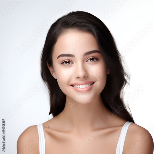 Portrait of young happy woman looks in camera. Skin care beauty, skincare cosmetics, dental concept isolated over white background, photo © Benjamin