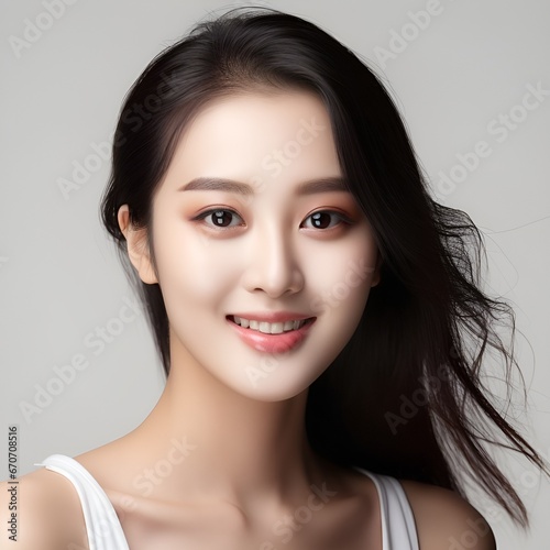 Portrait of young happy woman looks in camera. Skin care beauty, skincare cosmetics, dental concept isolated over white background, photo