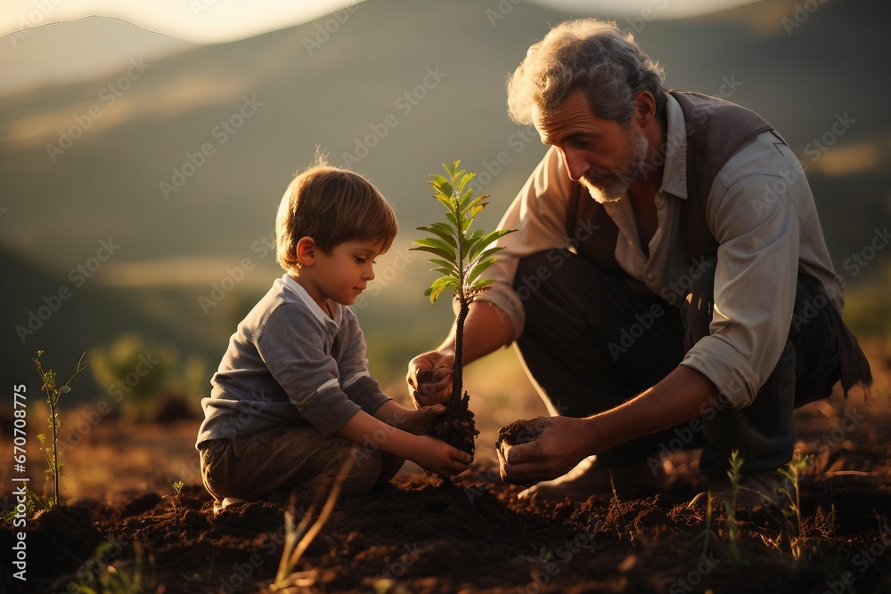 An older individual and a child bonding through the act of planting, Generative Ai