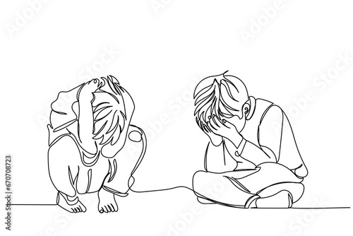  line art of a sad and depressed child. Children mental health awareness. Fight against violence and abuse. Depression and frustration in young people. Psychology concept. Peer pressure.