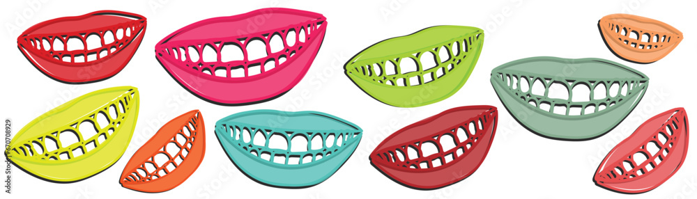 Beautiful smile. Braces and Retainers concept. Poster art. Pop art. Cool and spooky print. Teeth and wide smile. Lively bright and colorful. Glossy lips clip art. Paper cut art. Glamorous. abstract. Beautiful smile. Braces and Retainers concept. Poster art. Pop art. Cool and spooky print. Teeth and wide smile. Lively bright and colorful. Glossy lips clip art. Paper cut art. Glamorous. abstract.