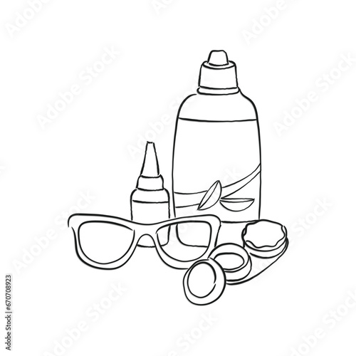 Optic Lens use instructions and instruments. Drops and glasses. Health care and self care concept.