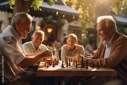 An engaging chess match among a group of delighted elderly friends, Generative Ai