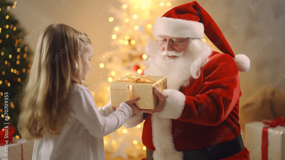 Santa Claus give present to child on Christmas day