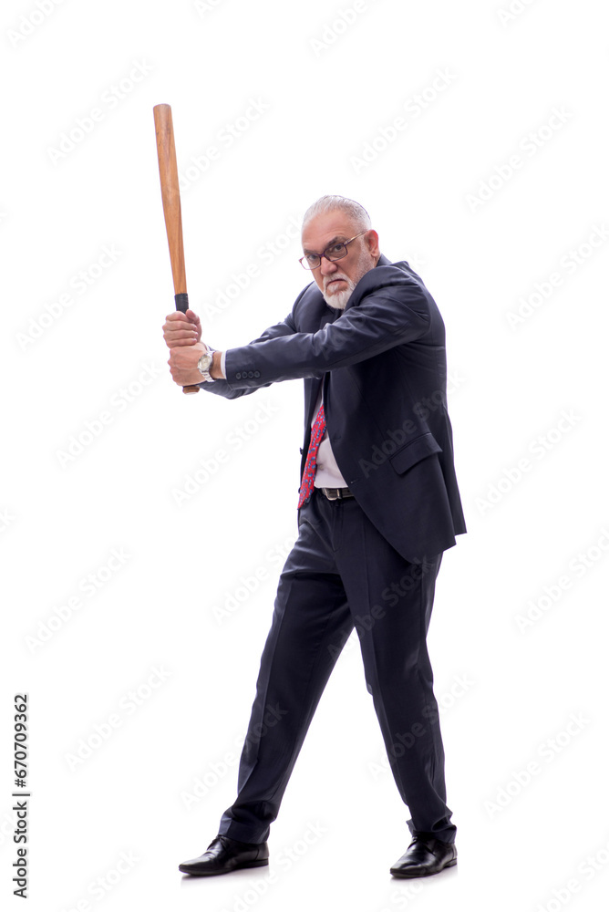 Old businessman holding baseball bat isolated on white Old businessman holding baseball bat isolated on white