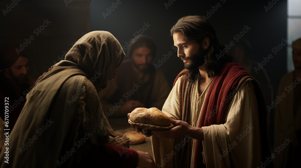 Jesus Christ give a bread to villager in thanksgiving day - obrazy, fototapety, plakaty 
