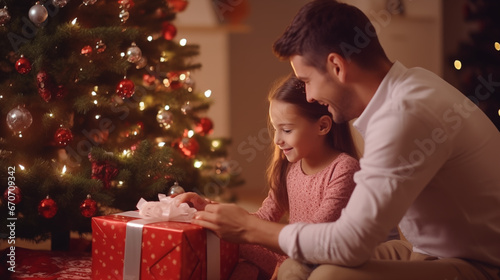father open gift box with daugther in living room on christmas day photo