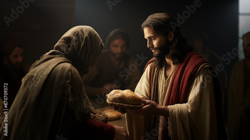 Jesus Christ give a bread to villager in thanksgiving day photo